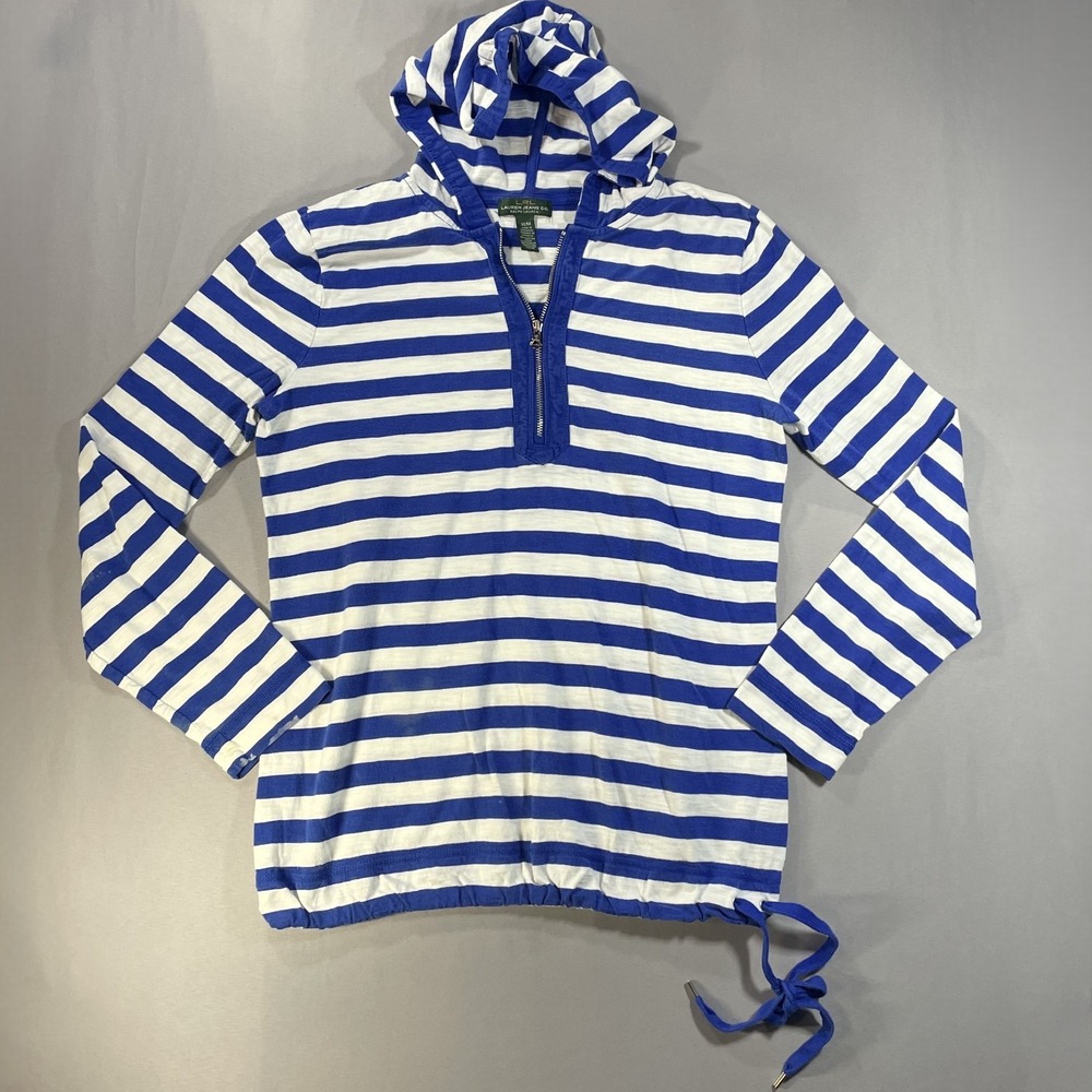 Lauren Ralph Lauren Hoodie Womens Medium Blue White Striped Quarter Zip Nautical
